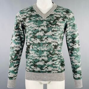 ESTNATION Size M Grey Green Camouflage Wool V-Neck Sweater